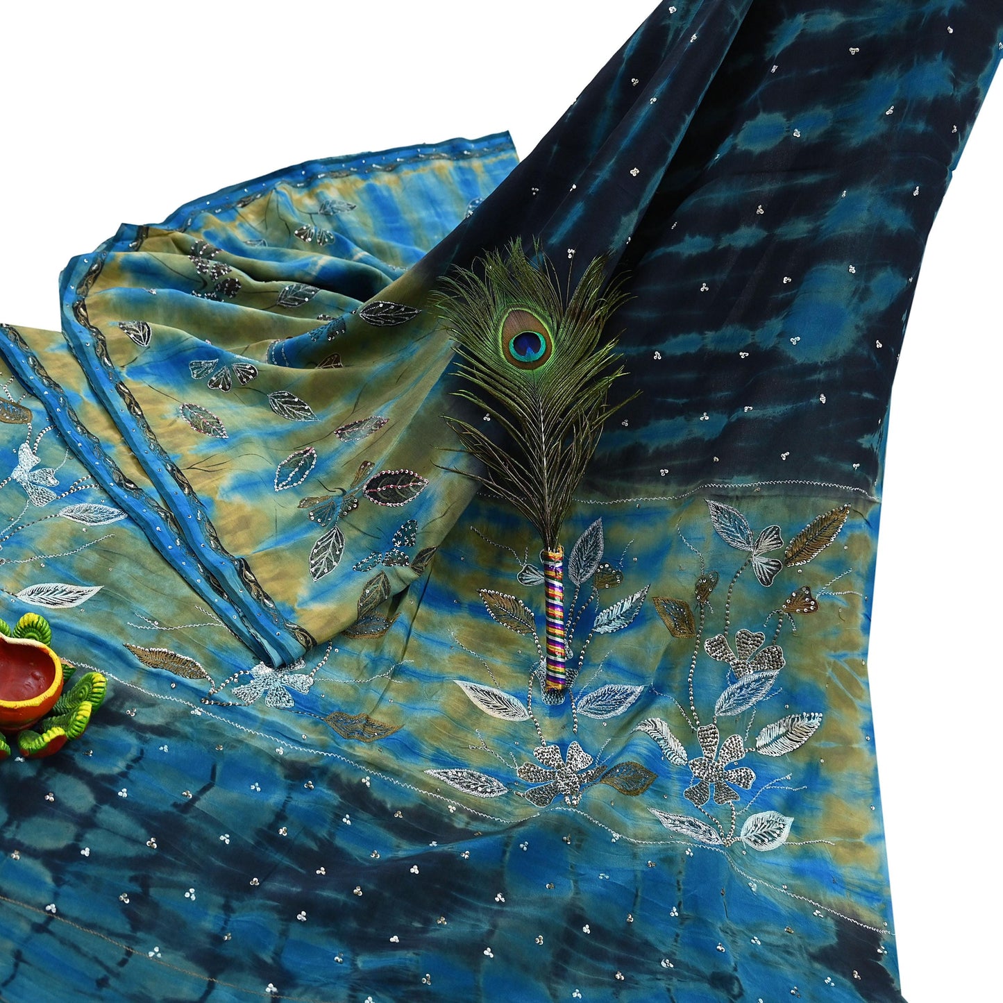 Indian Vintage Saree Pure Crepe Silk Hand Embroidered Tie-Dye Sari Fabric 5yard Sewing Craft Fabric Ethnic Dressmaking Crafting Zari