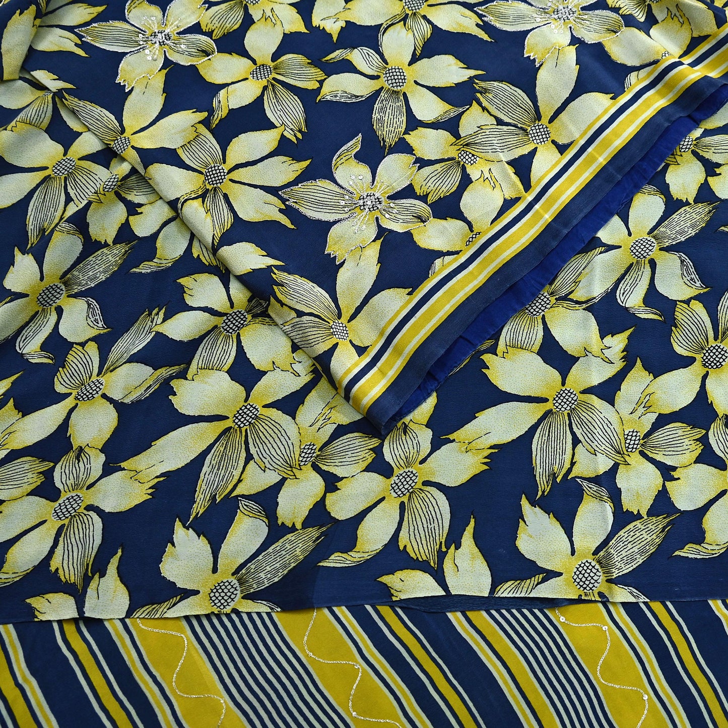 Indian Vintage Sari Blue & Green Pure Crepe Silk Hand Embroidered Saree 5yd Sewing Floral Craft Sequins Dress making Crafting Quilting