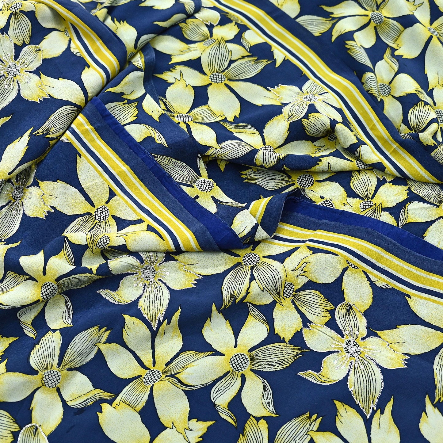 Indian Vintage Sari Blue & Green Pure Crepe Silk Hand Embroidered Saree 5yd Sewing Floral Craft Sequins Dress making Crafting Quilting