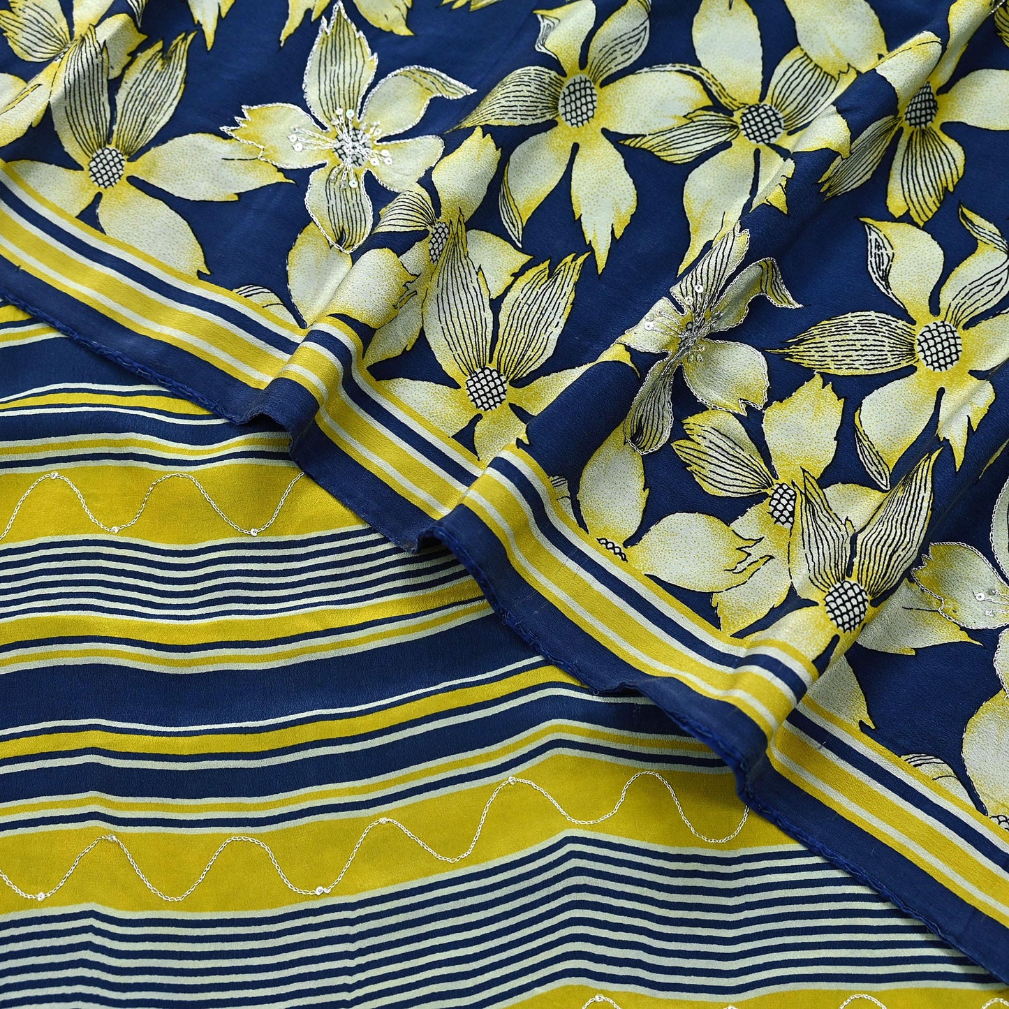 Indian Vintage Sari Blue & Green Pure Crepe Silk Hand Embroidered Saree 5yd Sewing Floral Craft Sequins Dress making Crafting Quilting