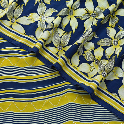 Indian Vintage Sari Blue & Green Pure Crepe Silk Hand Embroidered Saree 5yd Sewing Floral Craft Sequins Dress making Crafting Quilting