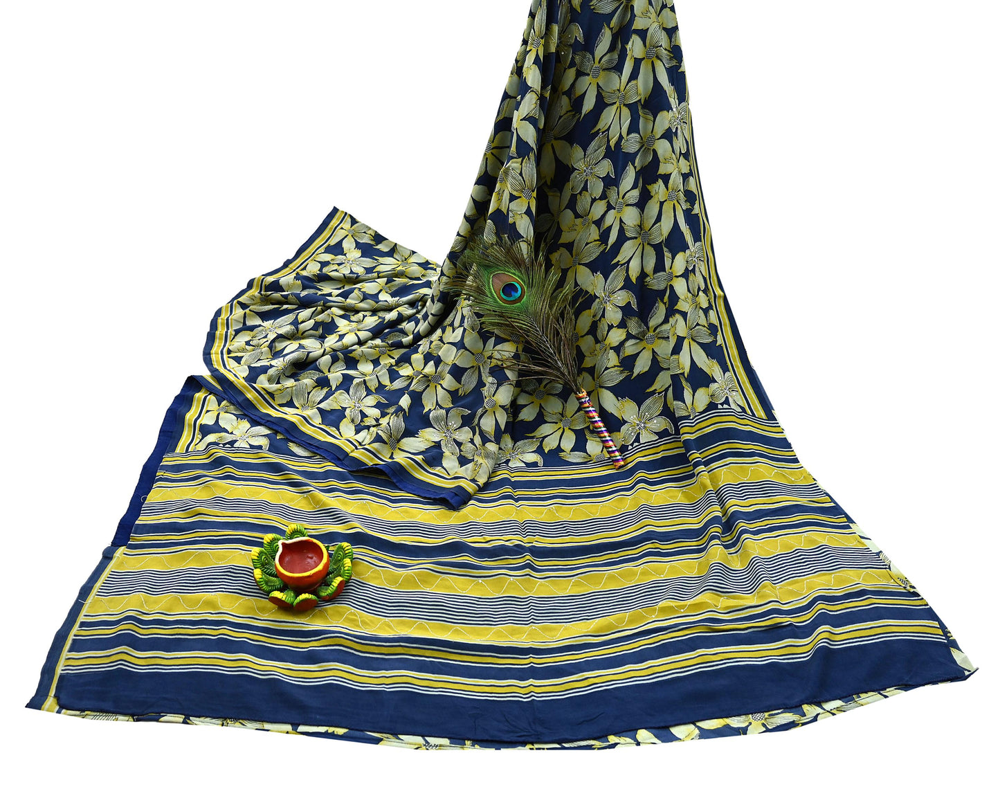 Indian Vintage Sari Blue & Green Pure Crepe Silk Hand Embroidered Saree 5yd Sewing Floral Craft Sequins Dress making Crafting Quilting