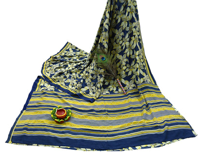 Indian Vintage Sari Blue & Green Pure Crepe Silk Hand Embroidered Saree 5yd Sewing Floral Craft Sequins Dress making Crafting Quilting