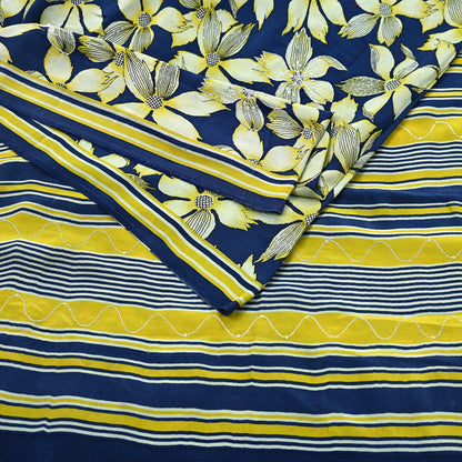 Indian Vintage Sari Blue & Green Pure Crepe Silk Hand Embroidered Saree 5yd Sewing Floral Craft Sequins Dress making Crafting Quilting