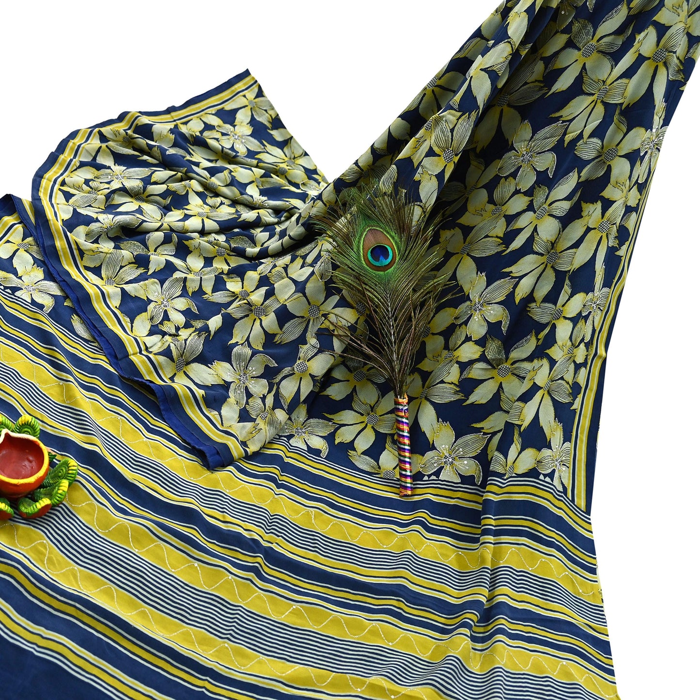 Indian Vintage Sari Blue & Green Pure Crepe Silk Hand Embroidered Saree 5yd Sewing Floral Craft Sequins Dress making Crafting Quilting