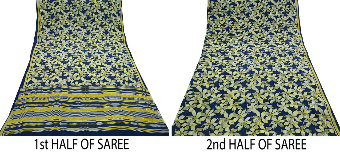 Indian Vintage Sari Blue & Green Pure Crepe Silk Hand Embroidered Saree 5yd Sewing Floral Craft Sequins Dress making Crafting Quilting