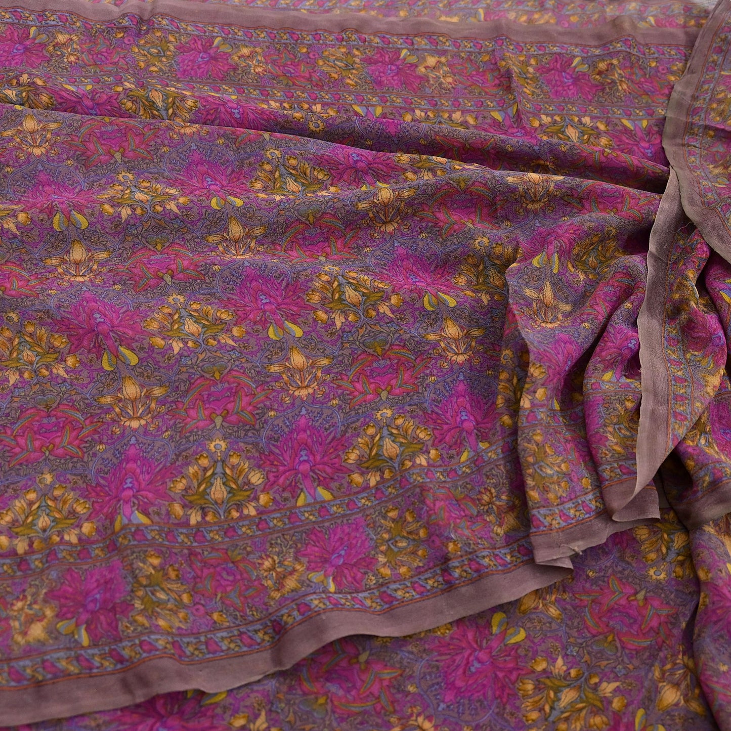 Indian Women Vintage Sari Brown  100% Pure Georgette Silk Printed Saree Sewing 5yd Soft Craft Fabric Floral Design Wrap Boho Dress making