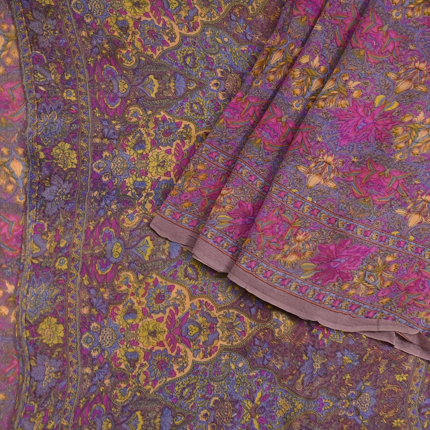 Indian Women Vintage Sari Brown  100% Pure Georgette Silk Printed Saree Sewing 5yd Soft Craft Fabric Floral Design Wrap Boho Dress making