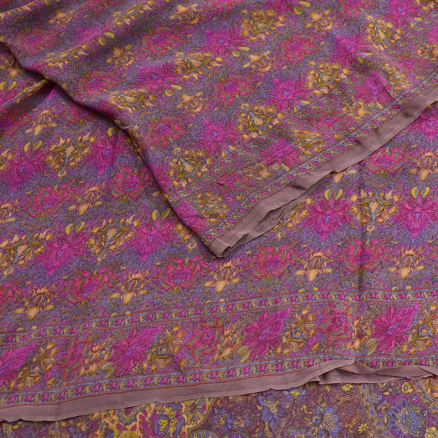 Indian Women Vintage Sari Brown  100% Pure Georgette Silk Printed Saree Sewing 5yd Soft Craft Fabric Floral Design Wrap Boho Dress making