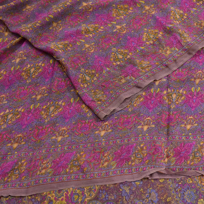 Indian Women Vintage Sari Brown  100% Pure Georgette Silk Printed Saree Sewing 5yd Soft Craft Fabric Floral Design Wrap Boho Dress making