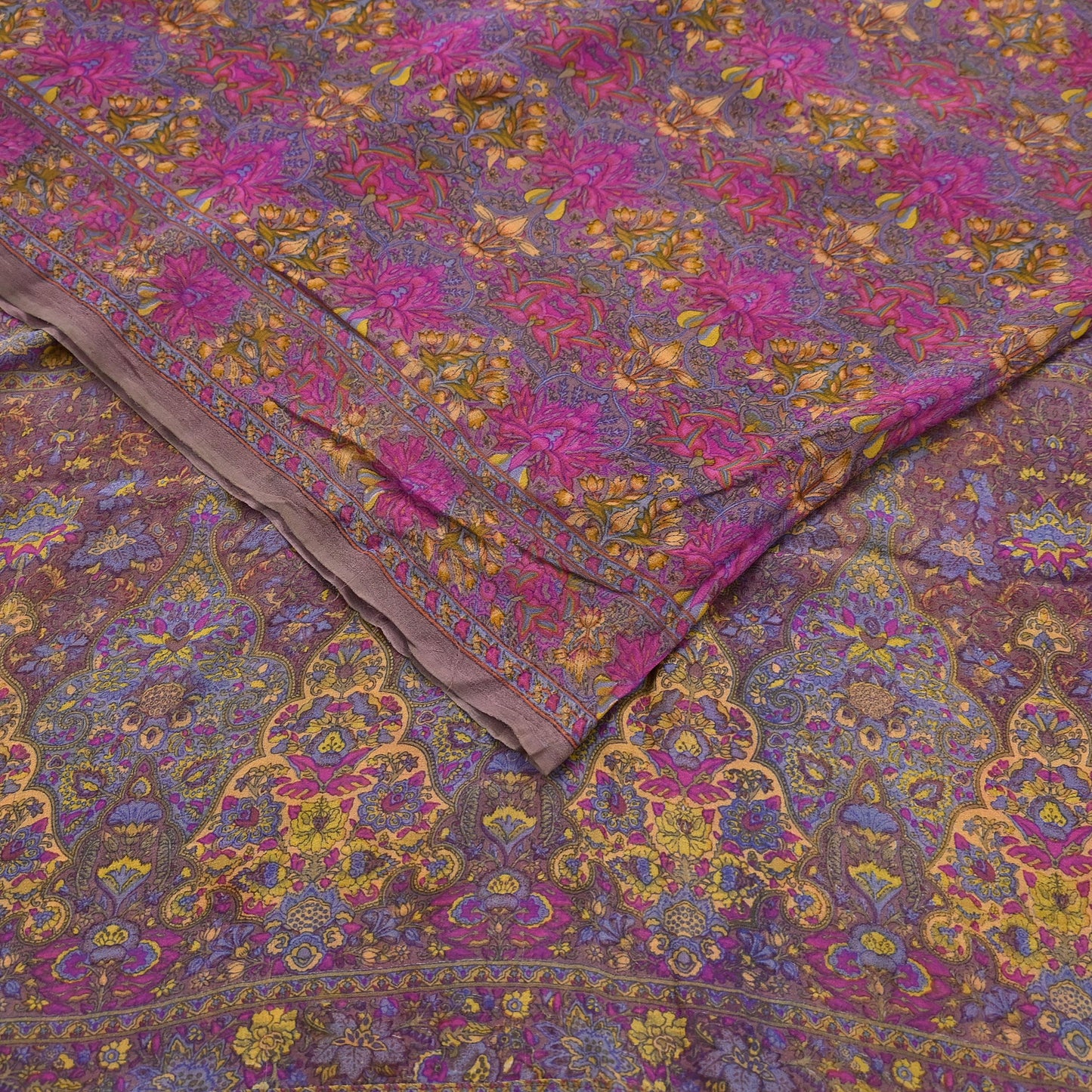 Indian Women Vintage Sari Brown  100% Pure Georgette Silk Printed Saree Sewing 5yd Soft Craft Fabric Floral Design Wrap Boho Dress making