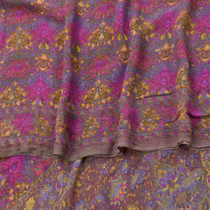 Indian Women Vintage Sari Brown  100% Pure Georgette Silk Printed Saree Sewing 5yd Soft Craft Fabric Floral Design Wrap Boho Dress making
