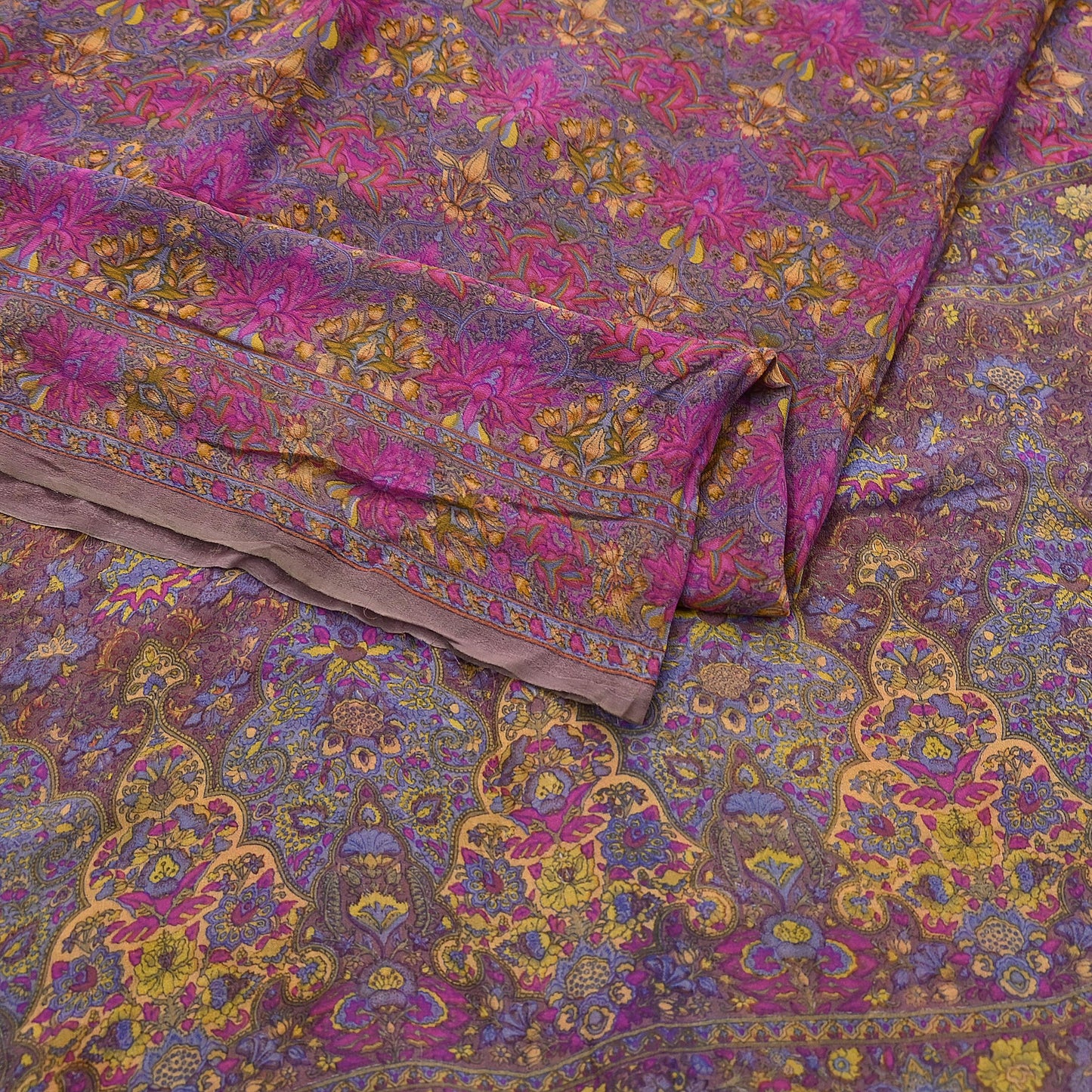 Indian Women Vintage Sari Brown  100% Pure Georgette Silk Printed Saree Sewing 5yd Soft Craft Fabric Floral Design Wrap Boho Dress making