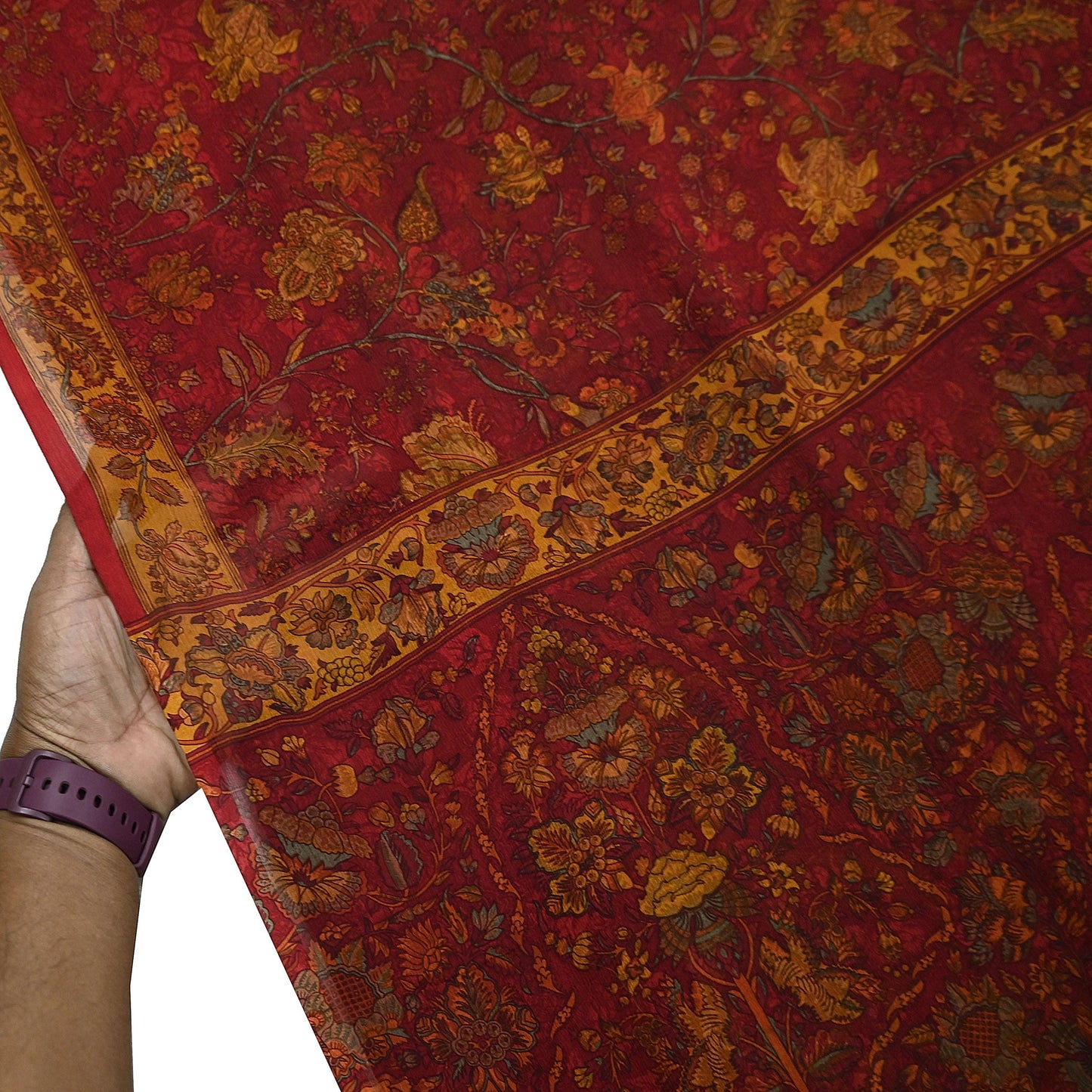 Women Vintage Sari Red Pure Chiffon Silk Printed Sarees Craft Fabric Sewing 5Yd Soft Dress Making Crafting Quilting Upcycle Used