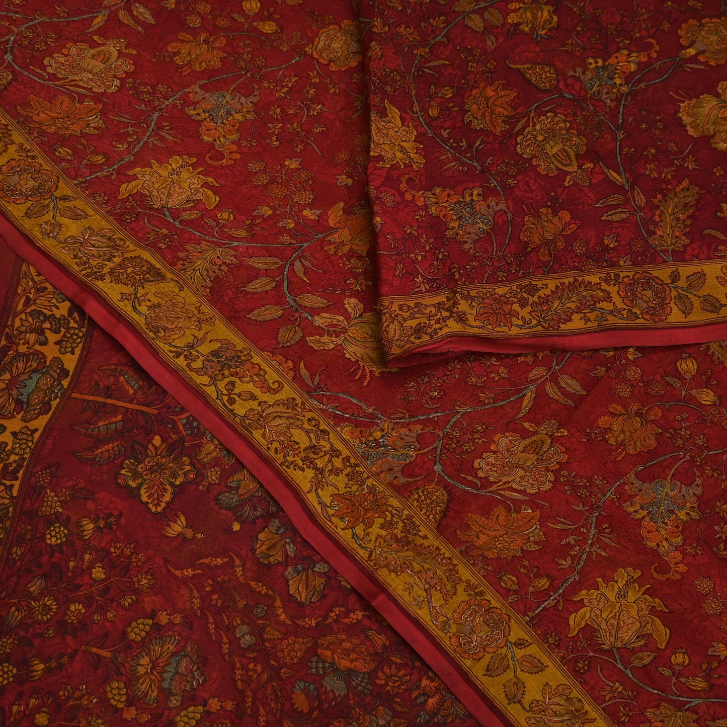 Women Vintage Sari Red Pure Chiffon Silk Printed Sarees Craft Fabric Sewing 5Yd Soft Dress Making Crafting Quilting Upcycle Used