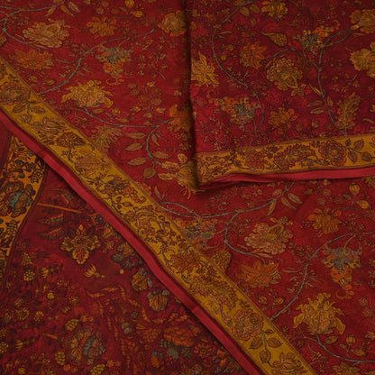 Women Vintage Sari Red Pure Chiffon Silk Printed Sarees Craft Fabric Sewing 5Yd Soft Dress Making Crafting Quilting Upcycle Used