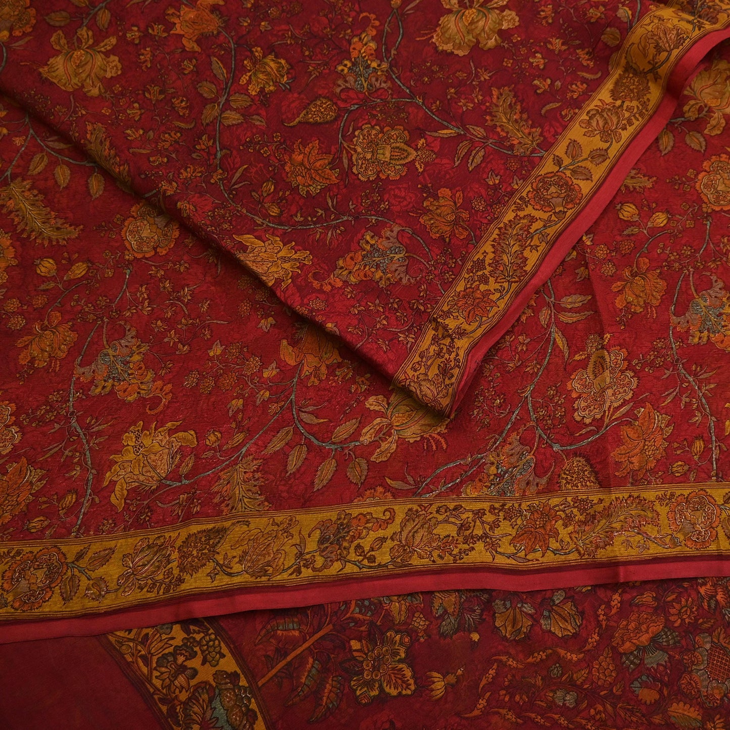 Women Vintage Sari Red Pure Chiffon Silk Printed Sarees Craft Fabric Sewing 5Yd Soft Dress Making Crafting Quilting Upcycle Used