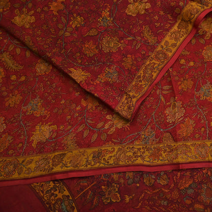 Women Vintage Sari Red Pure Chiffon Silk Printed Sarees Craft Fabric Sewing 5Yd Soft Dress Making Crafting Quilting Upcycle Used