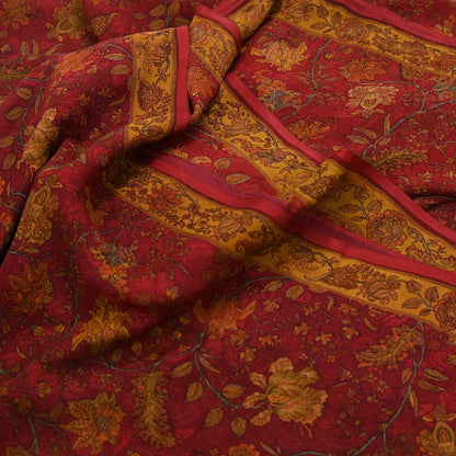 Women Vintage Sari Red Pure Chiffon Silk Printed Sarees Craft Fabric Sewing 5Yd Soft Dress Making Crafting Quilting Upcycle Used