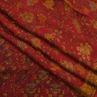 Women Vintage Sari Red Pure Chiffon Silk Printed Sarees Craft Fabric Sewing 5Yd Soft Dress Making Crafting Quilting Upcycle Used