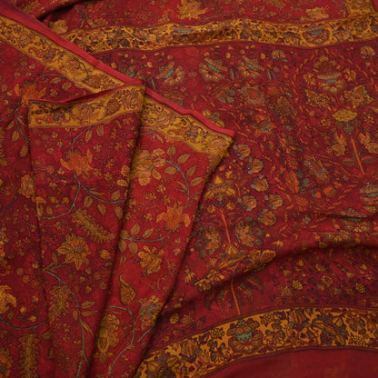 Women Vintage Sari Red Pure Chiffon Silk Printed Sarees Craft Fabric Sewing 5Yd Soft Dress Making Crafting Quilting Upcycle Used