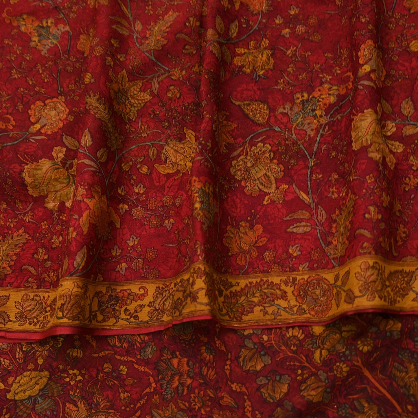 Women Vintage Sari Red Pure Chiffon Silk Printed Sarees Craft Fabric Sewing 5Yd Soft Dress Making Crafting Quilting Upcycle Used