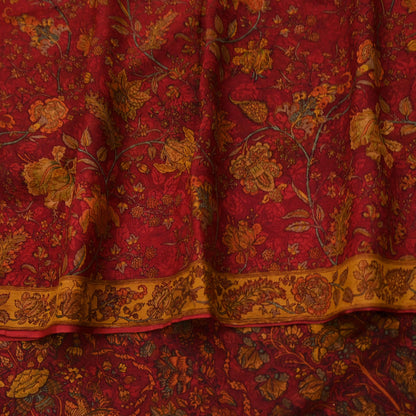 Women Vintage Sari Red Pure Chiffon Silk Printed Sarees Craft Fabric Sewing 5Yd Soft Dress Making Crafting Quilting Upcycle Used