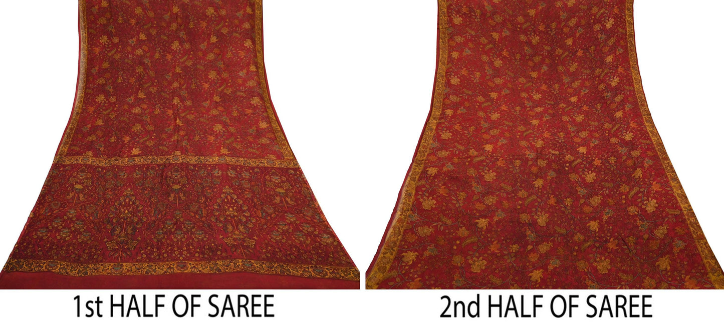 Women Vintage Sari Red Pure Chiffon Silk Printed Sarees Craft Fabric Sewing 5Yd Soft Dress Making Crafting Quilting Upcycle Used
