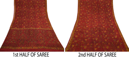 Women Vintage Sari Red Pure Chiffon Silk Printed Sarees Craft Fabric Sewing 5Yd Soft Dress Making Crafting Quilting Upcycle Used
