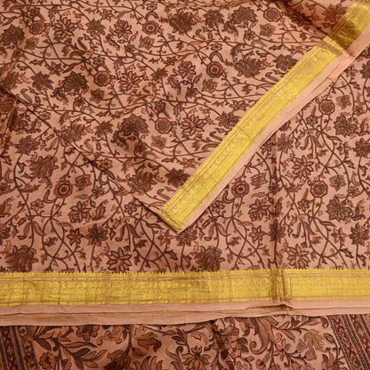 Indian Vintage Peach Saree 100% Pure Silk Printed Sari Craft Fabric Soft 6yd Sewing Dress Making  Soft Floral Crafting Quilting Upcycle Zari