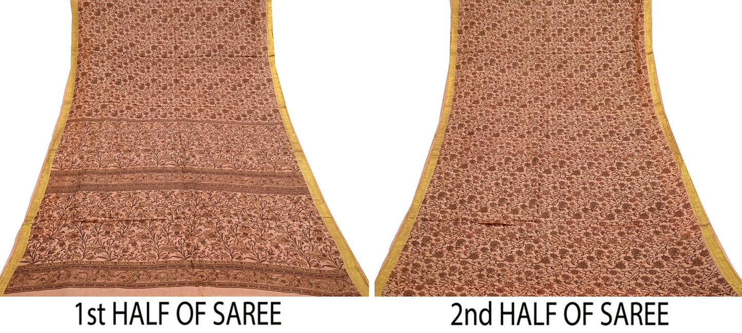 Indian Vintage Peach Saree 100% Pure Silk Printed Sari Craft Fabric Soft 6yd Sewing Dress Making  Soft Floral Crafting Quilting Upcycle Zari