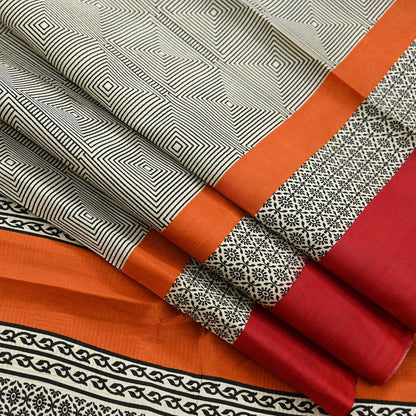 Indian Vintage Sari Ivory & Black Printed Pure Silk Sarees 5yd Sewing Craft Fabric DressMaking Soft Wrap Upcycle Quilting Crafting Used