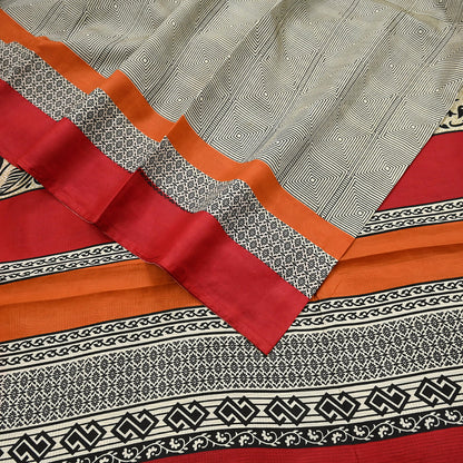 Indian Vintage Sari Ivory & Black Printed Pure Silk Sarees 5yd Sewing Craft Fabric DressMaking Soft Wrap Upcycle Quilting Crafting Used