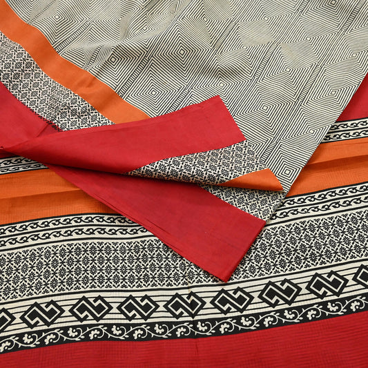 Indian Vintage Sari Ivory & Black Printed Pure Silk Sarees 5yd Sewing Craft Fabric DressMaking Soft Wrap Upcycle Quilting Crafting Used