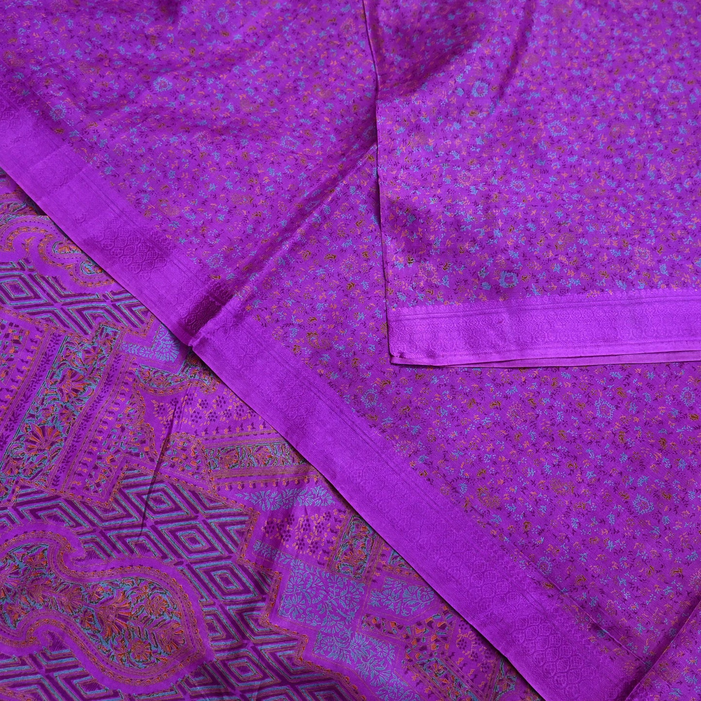 Indian Vintage Purple Pure Silk Printed Saree 6 Yards Soft Floral Fabric for Dressmaking, Quilting, Crafting, Sewing & Upcycling