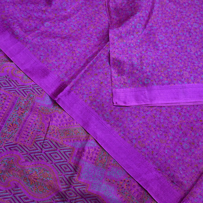 Indian Vintage Purple Pure Silk Printed Saree 6 Yards Soft Floral Fabric for Dressmaking, Quilting, Crafting, Sewing & Upcycling