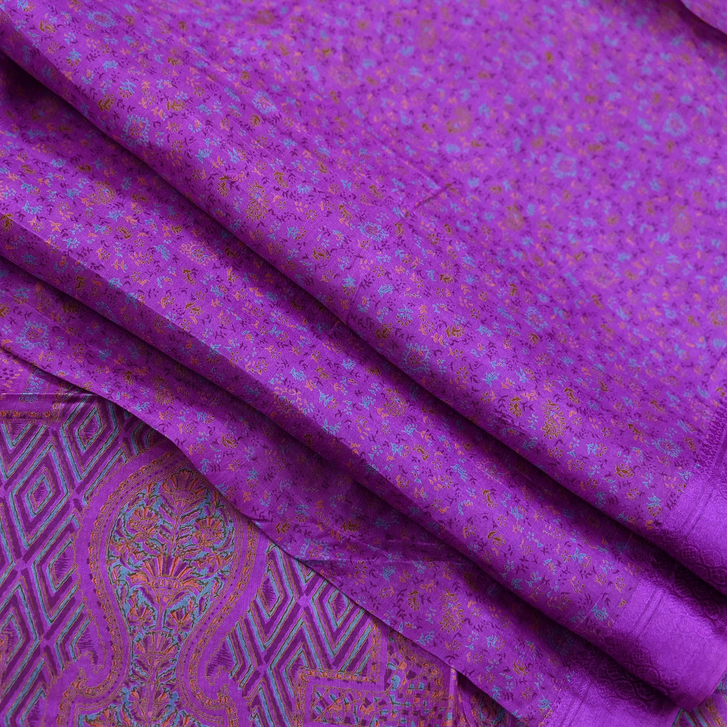Indian Vintage Purple Pure Silk Printed Saree 6 Yards Soft Floral Fabric for Dressmaking, Quilting, Crafting, Sewing & Upcycling