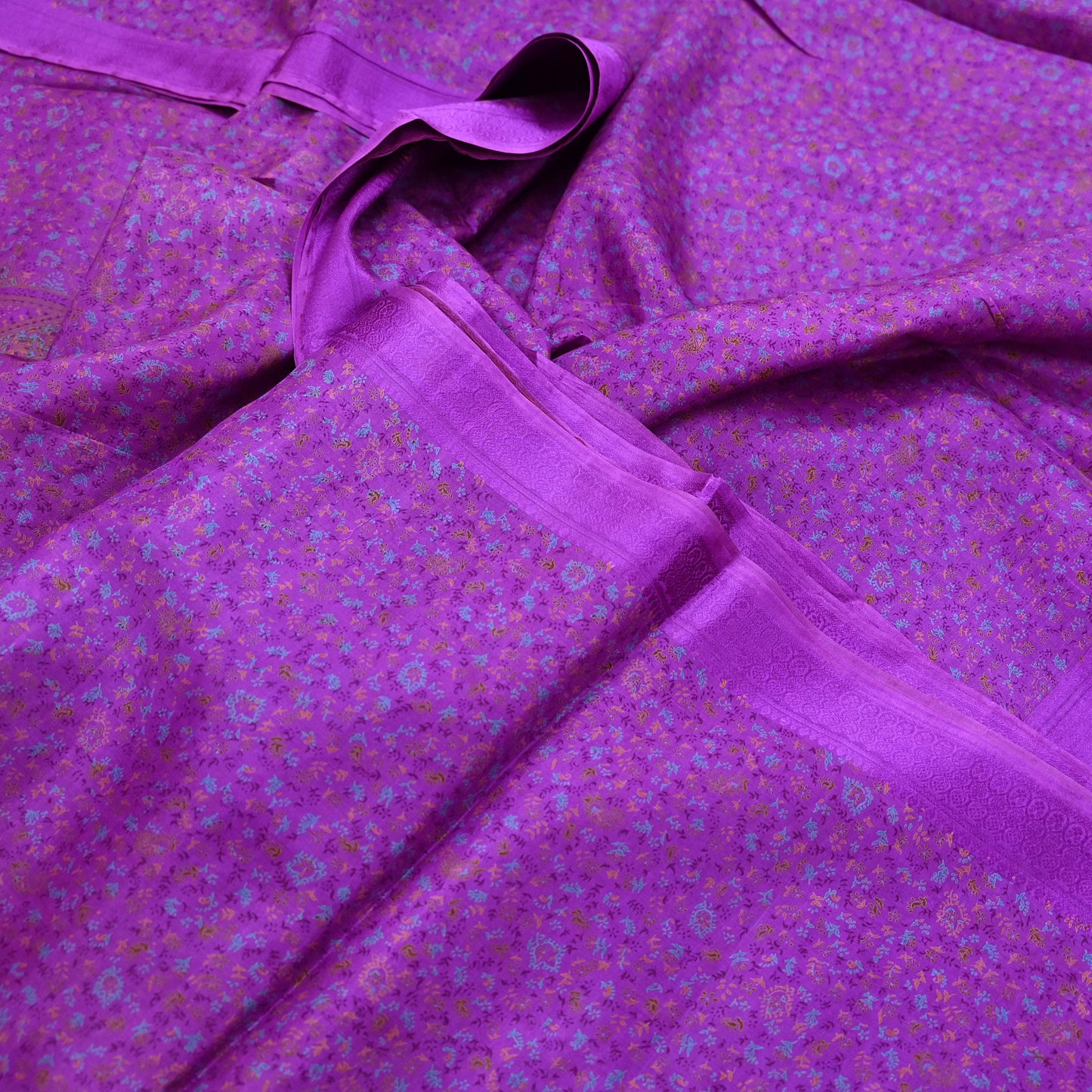 Indian Vintage Purple Pure Silk Printed Saree 6 Yards Soft Floral Fabric for Dressmaking, Quilting, Crafting, Sewing & Upcycling