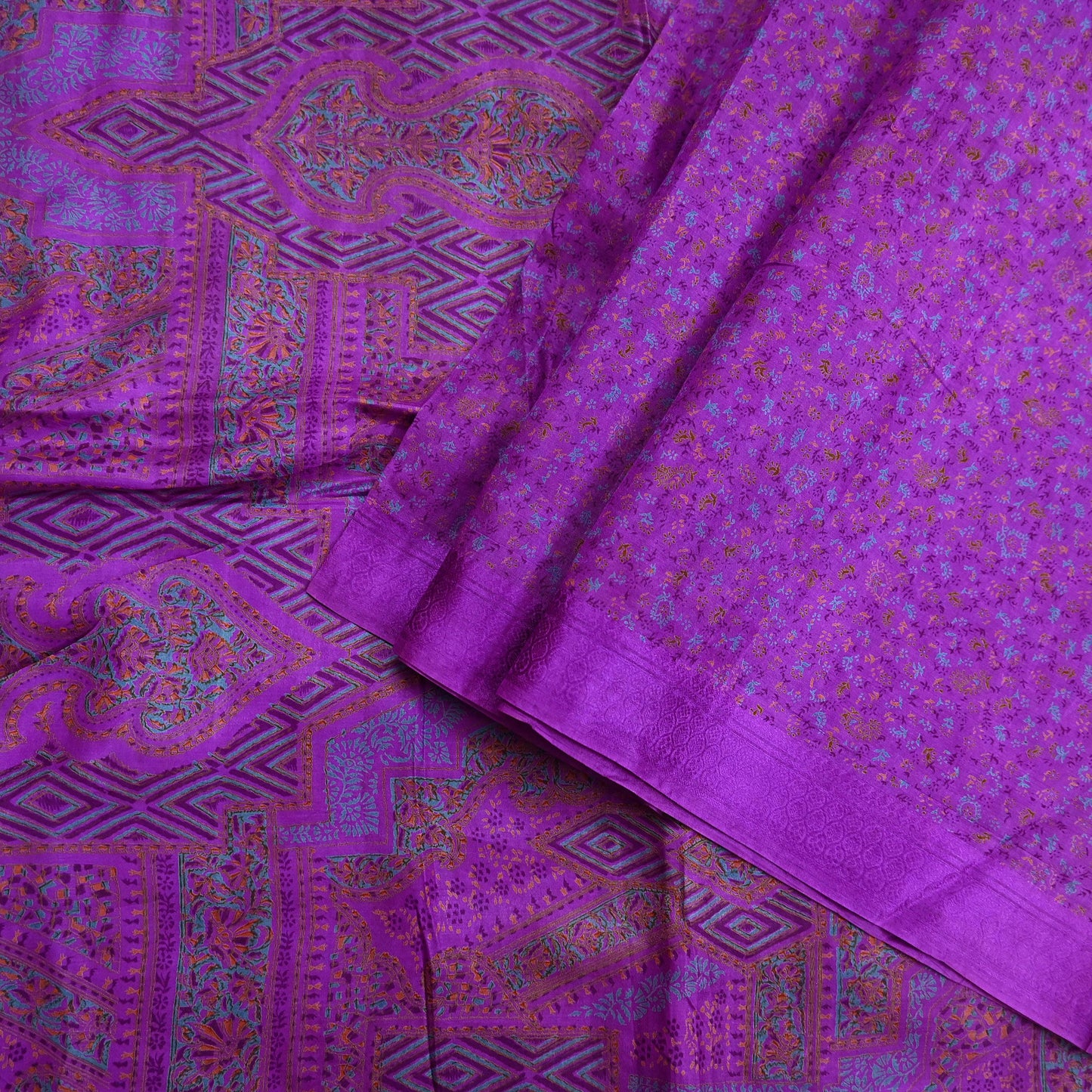 Indian Vintage Purple Pure Silk Printed Saree 6 Yards Soft Floral Fabric for Dressmaking, Quilting, Crafting, Sewing & Upcycling
