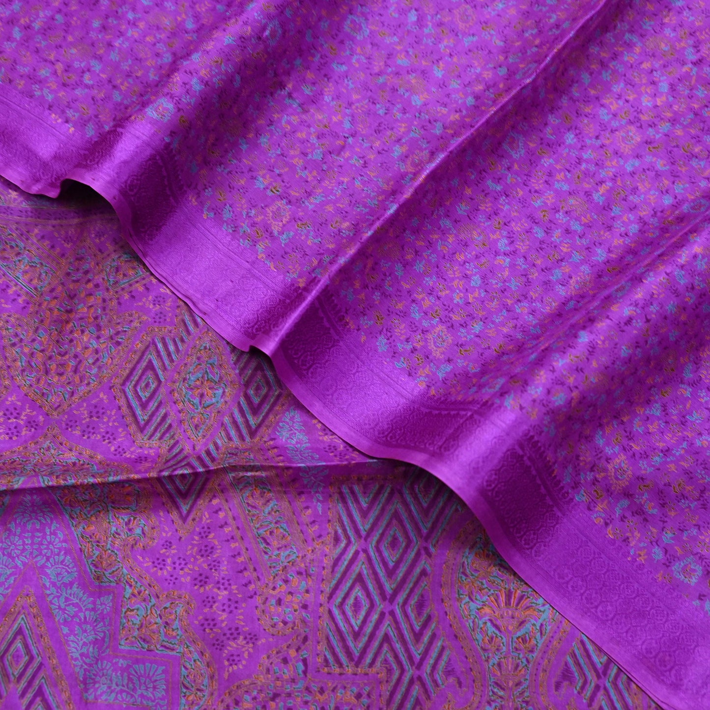 Indian Vintage Purple Pure Silk Printed Saree 6 Yards Soft Floral Fabric for Dressmaking, Quilting, Crafting, Sewing & Upcycling