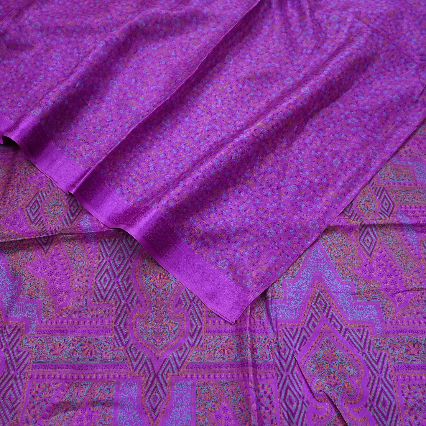 Indian Vintage Purple Pure Silk Printed Saree 6 Yards Soft Floral Fabric for Dressmaking, Quilting, Crafting, Sewing & Upcycling