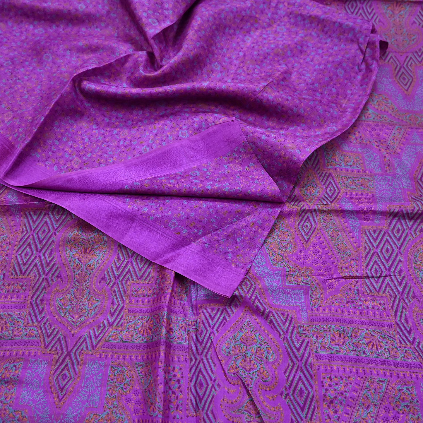 Indian Vintage Purple Pure Silk Printed Saree 6 Yards Soft Floral Fabric for Dressmaking, Quilting, Crafting, Sewing & Upcycling