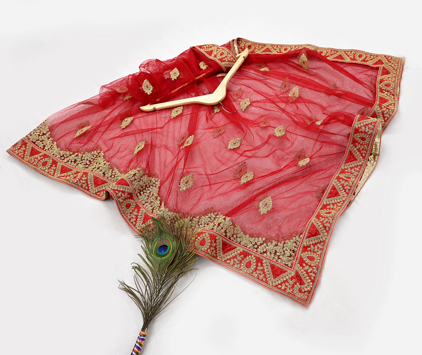 Indian Vintage Red & Peach Net/Mesh Silk Hand Embroidered Lehenga 3pcs Set Bridal Party Wear With Blouse/Dupatta Bollywood Lehenga Zardozi