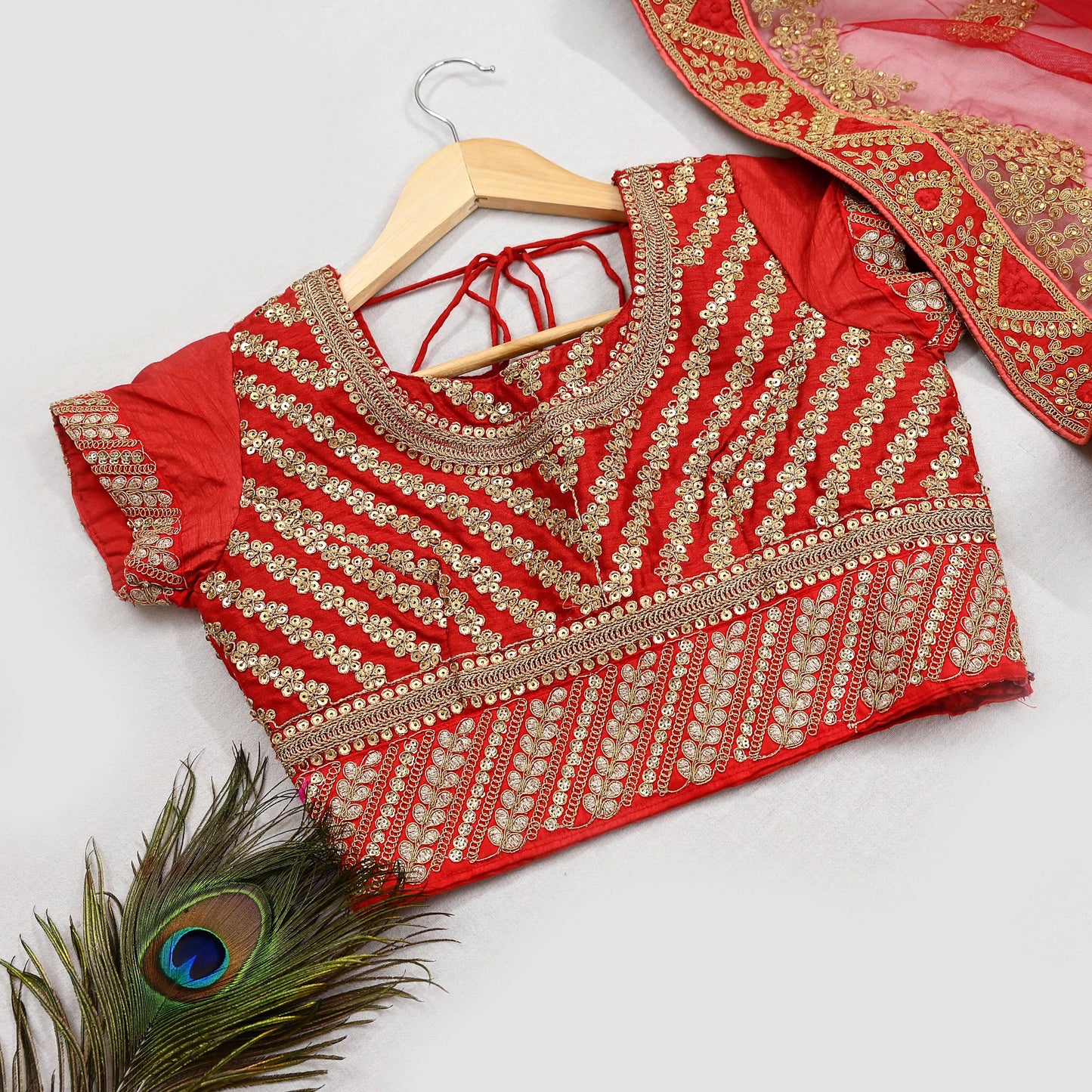 Indian Vintage Red & Peach Net/Mesh Silk Hand Embroidered Lehenga 3pcs Set Bridal Party Wear With Blouse/Dupatta Bollywood Lehenga Zardozi