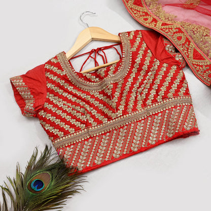 Indian Vintage Red & Peach Net/Mesh Silk Hand Embroidered Lehenga 3pcs Set Bridal Party Wear With Blouse/Dupatta Bollywood Lehenga Zardozi