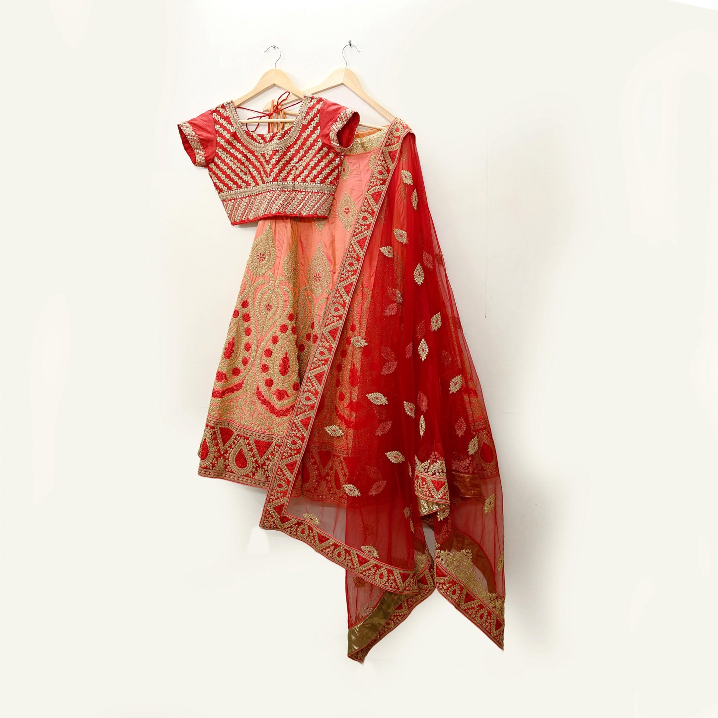 Indian Vintage Red & Peach Net/Mesh Silk Hand Embroidered Lehenga 3pcs Set Bridal Party Wear With Blouse/Dupatta Bollywood Lehenga Zardozi