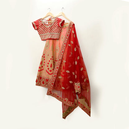 Indian Vintage Red & Peach Net/Mesh Silk Hand Embroidered Lehenga 3pcs Set Bridal Party Wear With Blouse/Dupatta Bollywood Lehenga Zardozi