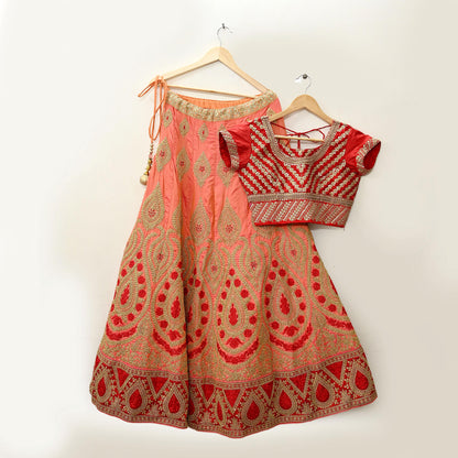 Indian Vintage Red & Peach Net/Mesh Silk Hand Embroidered Lehenga 3pcs Set Bridal Party Wear With Blouse/Dupatta Bollywood Lehenga Zardozi