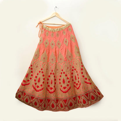 Indian Vintage Wedding Peach Silk Hand Embroidered Skirt Bridal Party Wear Bollywood Lehenga Zari