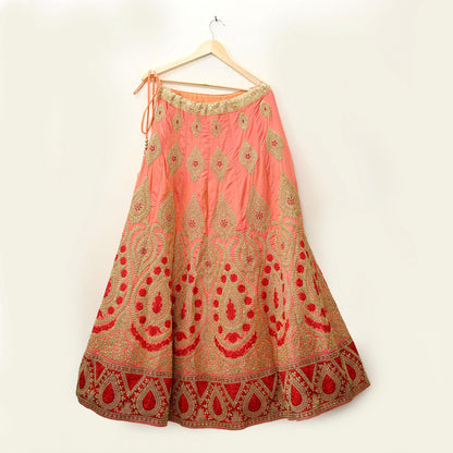 Indian Vintage Wedding Peach Silk Hand Embroidered Skirt Bridal Party Wear Bollywood Lehenga Zari